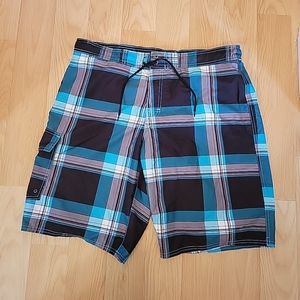 ROUNDTREE & YORK Men's Blue Plaid Swim Trunks Size L Swimsuit w/ Pockets